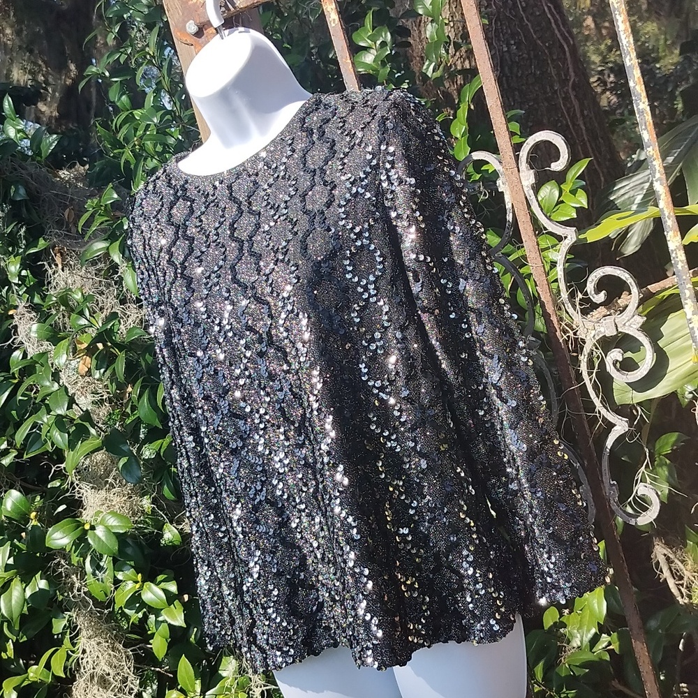 '70s vintage intricate black and silver sequin metallic top medium - Picture 3 of 7